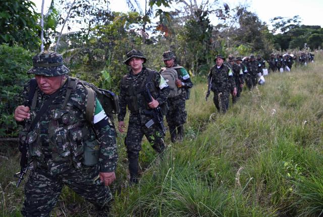 Members of the Coordinadora Nacional Ejercito Bolivariano (CNEB) guerrilla group take part in a disarmament ceremony agreed with the Colombian government in the municipality of Valle del Guamuez, Putumayo department, Colombia on June 18, 2026. Three days before a runoff vote set to determine the continuation of the country's first leftist government, this marks a first step for the rebels to settle in a special zone where they aim to consolidate agreements with the government. (Photo by Raul ARBOLEDA / AFP)