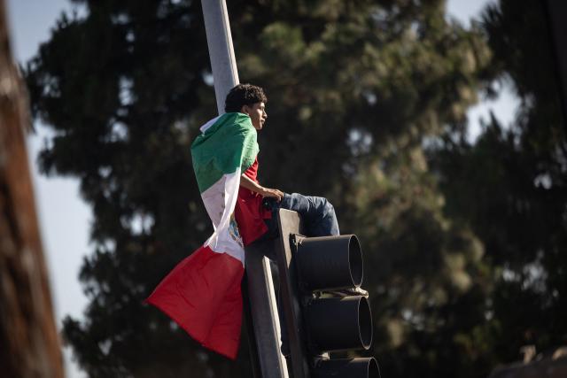 A Mexican fan draped in the Mexico flag sits perched high on a traffic light pole during a watch party at Seoul International Park as fans gather to watch the 2026 World Cup match between South Korea and Mexico in the Koreatown neighborhood of Los Angeles on June 18, 2026. (Photo by ETIENNE LAURENT / AFP)