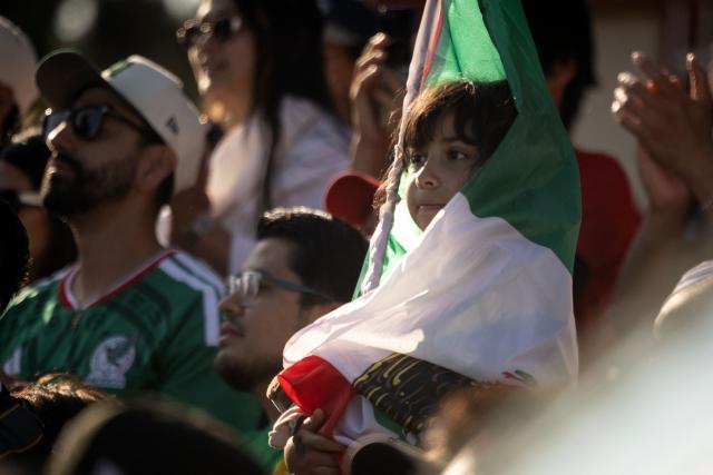 A young Mexican fan draped in the Mexico flag watches the 2026 World Cup match between South Korea and Mexico during a watch party at Seoul International Park in the Koreatown neighborhood of Los Angeles on June 18, 2026. (Photo by ETIENNE LAURENT / AFP)