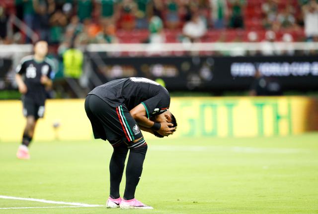 Mexico's defender #23 Jesus Gallardo reacts to a missed chance during the 2026 World Cup Group A football match between Mexico and South Korea at the Guadalajara Stadium in Zapopan on June 18, 2026.  (Photo by Ulises RUIZ / AFP)