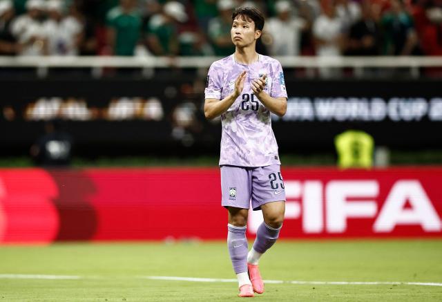 South Korea's midfielder #25 Eom Ji-sung reacts after losing the 2026 World Cup Group A football match between Mexico and South Korea at the Guadalajara Stadium in Zapopan on June 18, 2026.  (Photo by Ulises RUIZ / AFP)