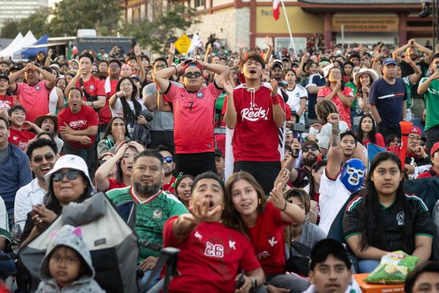 South Korea fans react during the 2026 World Cup match between South Korea and Mexico at Seoul International Park in the Koreatown neighborhood of Los Angeles on June 18, 2026. (Photo by ETIENNE LAURENT / AFP)