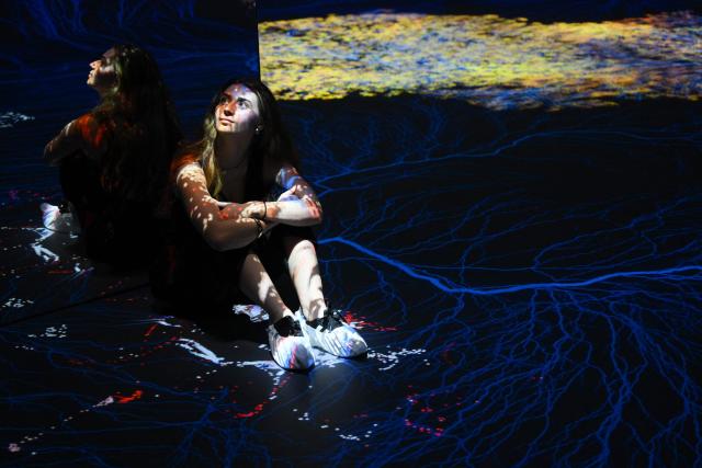 A person sits as immersive visualizations from the inaugural exhibition Machine Dreams: Rainforest are projected at DATALAND, the Museum of AI Arts, in Los Angeles, California on June 9, 2026. The squawks of macaws, the smell of wet earth after rain, and the swirl of colours will transport visitors to a Los Angeles museum to the heart of the Amazon rainforest -- or rather, an AI version of it. Data collected from those visitors  their movements, their heartbeats, and even the temperature of their skin -- will feed the computer that is creating the immersive display, using a network of sensors, including those on the wrists of ticket-holders. (Photo by Patrick T. Fallon / AFP)