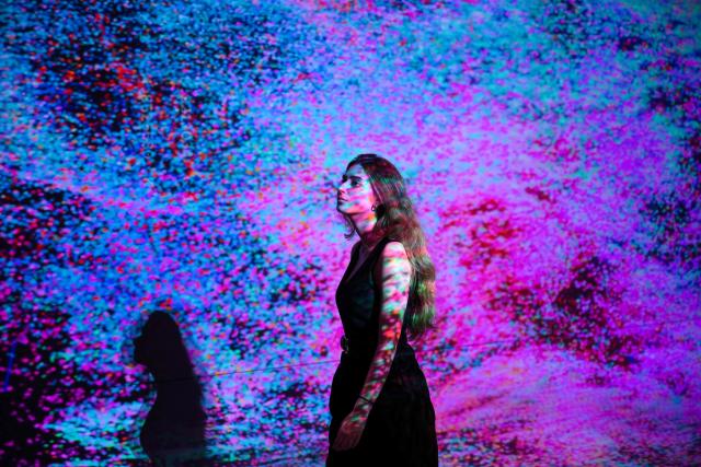 A person walks through immersive visualizations from the inaugural exhibition Machine Dreams: Rainforest are projected at DATALAND, the Museum of AI Arts, in Los Angeles, California on June 9, 2026. The squawks of macaws, the smell of wet earth after rain, and the swirl of colours will transport visitors to a Los Angeles museum to the heart of the Amazon rainforest -- or rather, an AI version of it. Data collected from those visitors  their movements, their heartbeats, and even the temperature of their skin -- will feed the computer that is creating the immersive display, using a network of sensors, including those on the wrists of ticket-holders. (Photo by Patrick T. Fallon / AFP)