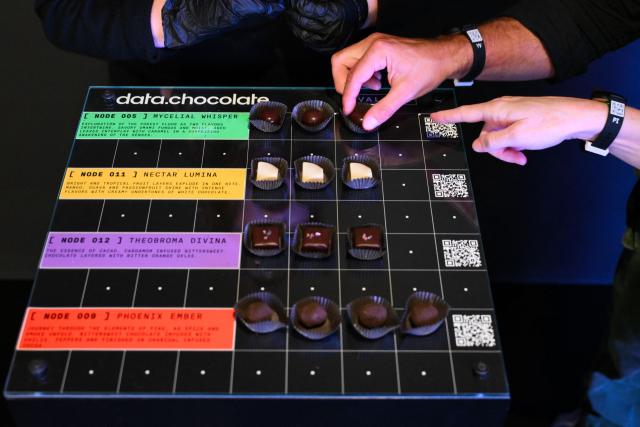 Data.Chocolate, a tasting collection made with Valerie Confections are displayed for guests to eat for the sense of taste during the inaugural exhibition Machine Dreams: Rainforest are projected at DATALAND, the Museum of AI Arts, in Los Angeles, California on June 9, 2026. The squawks of macaws, the smell of wet earth after rain, and the swirl of colours will transport visitors to a Los Angeles museum to the heart of the Amazon rainforest -- or rather, an AI version of it. Data collected from those visitors  their movements, their heartbeats, and even the temperature of their skin -- will feed the computer that is creating the immersive display, using a network of sensors, including those on the wrists of ticket-holders. (Photo by Patrick T. Fallon / AFP)