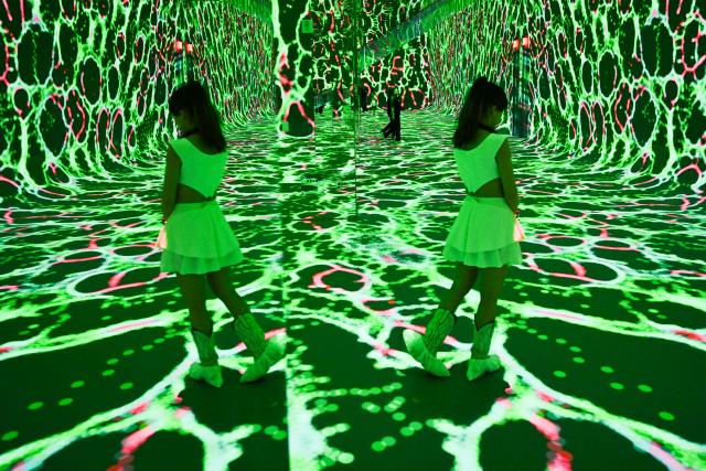 A person is reflected in a mirror while walking through immersive visualizations from the inaugural exhibition Machine Dreams: Rainforest are projected at DATALAND, the Museum of AI Arts, in Los Angeles, California on June 9, 2026. The squawks of macaws, the smell of wet earth after rain, and the swirl of colours will transport visitors to a Los Angeles museum to the heart of the Amazon rainforest -- or rather, an AI version of it. Data collected from those visitors  their movements, their heartbeats, and even the temperature of their skin -- will feed the computer that is creating the immersive display, using a network of sensors, including those on the wrists of ticket-holders. (Photo by Patrick T. Fallon / AFP)