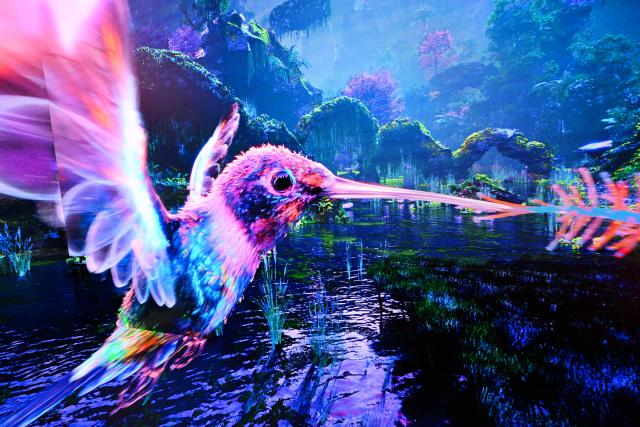 Immersive visualizations from the inaugural exhibition Machine Dreams: Rainforest are projected at DATALAND, the Museum of AI Arts, in Los Angeles, California on June 9, 2026. The squawks of macaws, the smell of wet earth after rain, and the swirl of colours will transport visitors to a Los Angeles museum to the heart of the Amazon rainforest -- or rather, an AI version of it. Data collected from those visitors  their movements, their heartbeats, and even the temperature of their skin -- will feed the computer that is creating the immersive display, using a network of sensors, including those on the wrists of ticket-holders. (Photo by Patrick T. Fallon / AFP)
