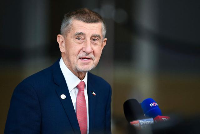 Czech Prime Minister Andrej Babis gives a statement upon arriving to attend the EU Summit at the EU headquarters in Brussels, on June 19, 2026. (Photo by NICOLAS TUCAT / AFP)