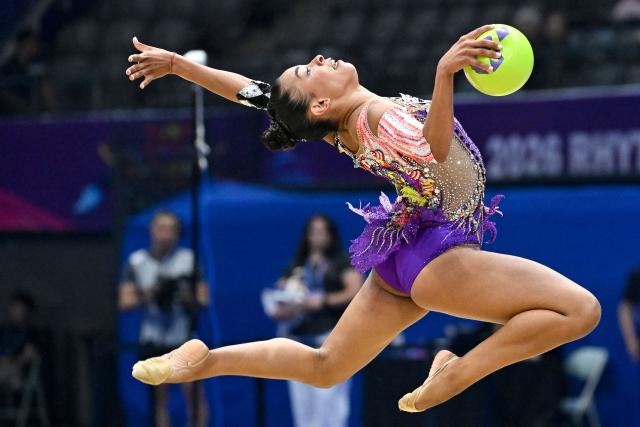 Angola's Luana Gomes competes in the individual ball of the 2026 Rhythmic Gymnastics World Challenge Cup in Beijing on June 19, 2026. (Photo by WANG Zhao / AFP)