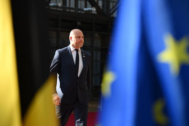 Latvia's Prime Minister Andris Kulbergs arrives to attend the EU Summit at the EU headquarters in Brussels, on June 19, 2026. (Photo by Nicolas TUCAT / AFP)