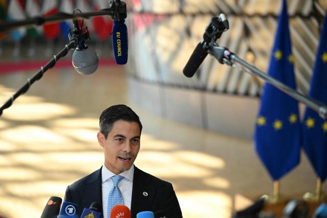 Netherlands' Prime Minister Rob Jetten gives a statement upon arriving to attend the EU Summit at the EU headquarters in Brussels, on June 19, 2026. (Photo by NICOLAS TUCAT / AFP)