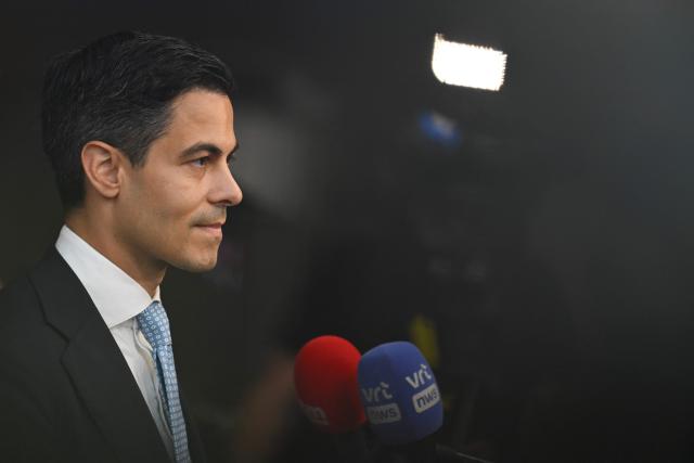 Netherlands' Prime Minister Rob Jetten gives a statement upon arriving to attend the EU Summit at the EU headquarters in Brussels, on June 19, 2026. (Photo by Nicolas TUCAT / AFP)