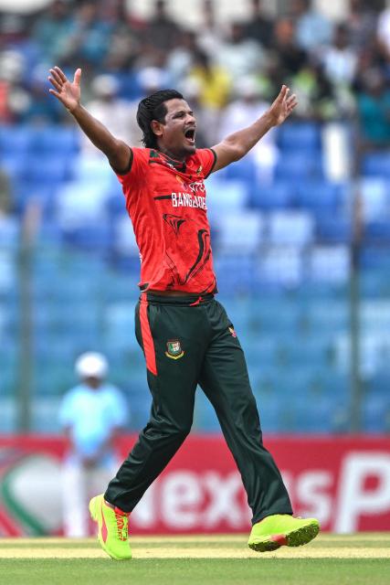 Bangladesh's Nasum Ahmed celebrates after taking the wicket of Australia's Josh Inglis during the second Twenty20 (T20) international cricket match between Bangladesh and Australia at the Bir Sreshtho Flight Lieutenant Matiur Rahman Stadium in Chattogram on June 19, 2026. (Photo by AFP)