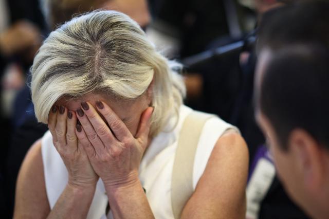 President of Rassemblement National parliamentary group Marine Le Pen reacts during a visit of the VivaTech technology startups and innovation fair at the Paris Expo Porte de Versailles, in Paris on June 19, 2026. (Photo by SIMON WOHLFAHRT / AFP)