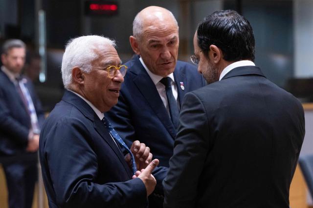 (From L) European Council President Antonio Costa, Slovenia's Prime Minister Janez Jansa  and Cyprus' President Nikos Christodoulides speak prior to a round table meeting during the EU Summit at the EU headquarters in Brussels, on June 19, 2026. (Photo by JOHN THYS / AFP)