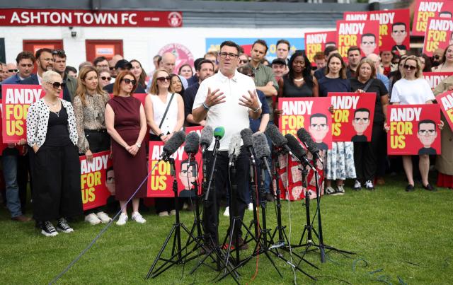 New Labour Party MP for Makerfield, Andy Burnham speaks to supporters and members of the media, the morning after his by-election victory, at Ashton Town FC, in Ashton in Makerfield, north-west England on June 19, 2026. Veteran UK Labour politician Andy Burnham emphatically won a crunch by-election on Friday, securing a parliamentary seat and clearing the way for a widely expected leadership challenge against beleaguered Prime Minister Keir Starmer. (Photo by Darren Staples / AFP)