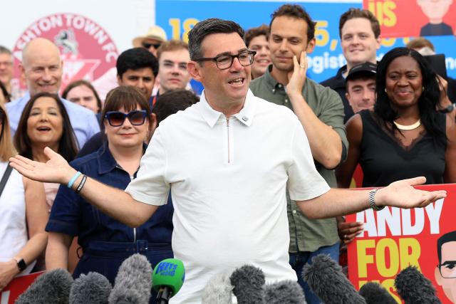 New Labour Party MP for Makerfield, Andy Burnham speaks to supporters and members of the media, the morning after his by-election victory, at Ashton Town FC, in Ashton in Makerfield, north-west England on June 19, 2026. Veteran UK Labour politician Andy Burnham emphatically won a crunch by-election on Friday, securing a parliamentary seat and clearing the way for a widely expected leadership challenge against beleaguered Prime Minister Keir Starmer. (Photo by Darren Staples / AFP)