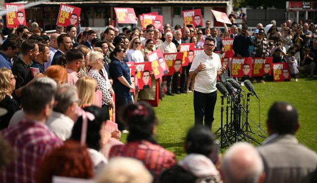 New Labour Party MP for Makerfield, Andy Burnham speaks to supporters and members of the media, the morning after his by-election victory, at Ashton Town FC, in Ashton in Makerfield, north-west England on June 19, 2026. Veteran UK Labour politician Andy Burnham emphatically won a crunch by-election on Friday, securing a parliamentary seat and clearing the way for a widely expected leadership challenge against beleaguered Prime Minister Keir Starmer. (Photo by Oli SCARFF / AFP)