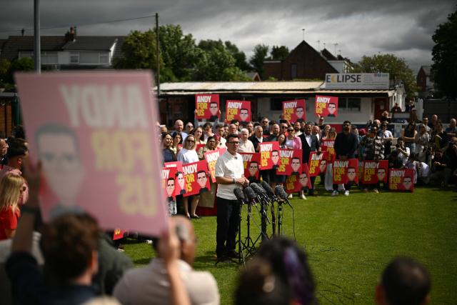 New Labour Party MP for Makerfield, Andy Burnham speaks to supporters and members of the media, the morning after his by-election victory, at Ashton Town FC, in Ashton in Makerfield, north-west England on June 19, 2026. Veteran UK Labour politician Andy Burnham emphatically won a crunch by-election on Friday, securing a parliamentary seat and clearing the way for a widely expected leadership challenge against beleaguered Prime Minister Keir Starmer. (Photo by Oli SCARFF / AFP)