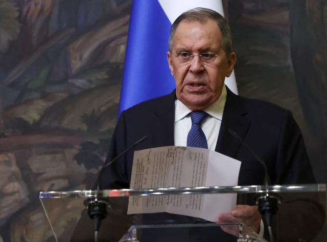 Russian Foreign Minister Sergei Lavrov attends a joint press conference with Madagascar's Foreign Minister following their talks in Moscow on June 19, 2026. (Photo by SERGEI ILNITSKY / POOL / AFP)