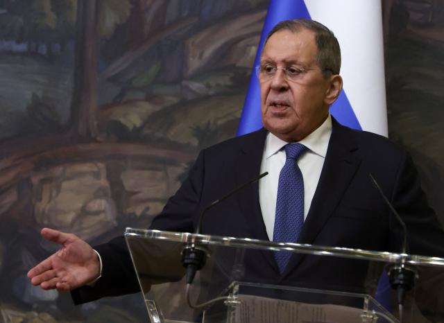 Russian Foreign Minister Sergei Lavrov attends a joint press conference with Madagascar's Foreign Minister following their talks in Moscow on June 19, 2026. (Photo by SERGEI ILNITSKY / POOL / AFP)