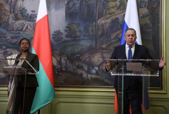 Russian Foreign Minister Sergei Lavrov and Madagascar's Foreign Minister Alice N'Diaye leave hold a press conference following their talks in Moscow on June 19, 2026. (Photo by SERGEI ILNITSKY / POOL / AFP)