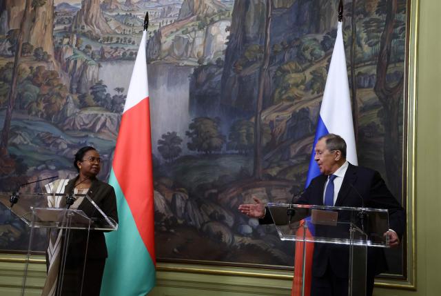 Russian Foreign Minister Sergei Lavrov and Madagascar's Foreign Minister Alice N'Diaye leave hold a press conference following their talks in Moscow on June 19, 2026. (Photo by SERGEI ILNITSKY / POOL / AFP)