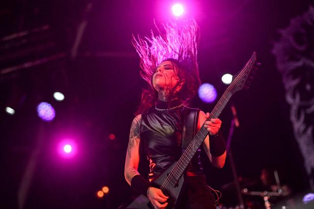 Brazilian guitarist Taina Bergamaschi from the band Crypta performs on stage during the 19th edition of Hellfest rock and heavy metal festival, in Clisson, western France, on June 19, 2026. (Photo by Sebastien Salom-Gomis / AFP)