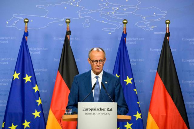 Germany's Chancellor Friedrich Merz speaks during the final press conference as part of the EU Summit at the EU headquarters in Brussels, on June 19, 2026. (Photo by JOHN THYS / AFP)
