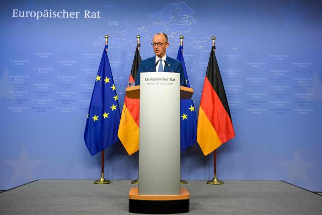 Germany's Chancellor Friedrich Merz speaks during the final press conference as part of the EU Summit at the EU headquarters in Brussels, on June 19, 2026. (Photo by JOHN THYS / AFP)