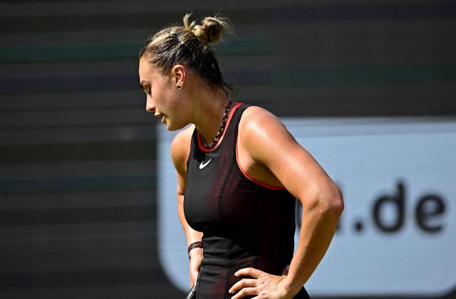 Belarus' Aryna Sabalenka reacts during her women's singles quarter-final match against Czech Republic's Nikola Bartunkova at the WTA500 Berlin Tennis Open tournament in Berlin on June 19, 2026. (Photo by Tobias SCHWARZ / AFP)