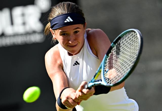 Czech Republic's Nikola Bartunkova returns a ball to Belarus' Aryna Sabalenka during their women's singles quarter-final match at the WTA500 Berlin Tennis Open tournament in Berlin on June 19, 2026. (Photo by Tobias SCHWARZ / AFP)