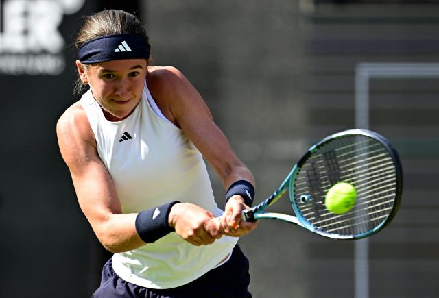 Czech Republic's Nikola Bartunkova returns a ball to Belarus' Aryna Sabalenka during their women's singles quarter-final match at the WTA500 Berlin Tennis Open tournament in Berlin on June 19, 2026. (Photo by Tobias SCHWARZ / AFP)