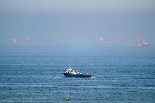 Cargo ships are pictured off cost of the Khor Fakkan Container Terminal, the only natural deep-sea port in the region and one of the major container ports in Sharjah Emirate, along the Gulf of Oman on June 19, 2026. Mediators in the US-Iran conflict, including Pakistan, Saudi Arabia and Turkey, are due to gather for talks in Egypt on June 21. A deal signed earlier in the week by US President Donald Trump and his Iranian counterpart Masoud Pezeshkian, aims to end the conflict that began on February 28 with US-Israeli strikes on Iran. It also provides for the reopening of the Strait of Hormuz and the launch of a 60-day negotiation period on broader issues, including Tehran's nuclear programme. (Photo by AFP) / 