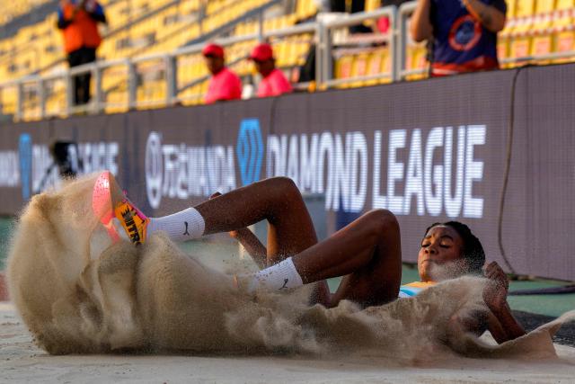 Cuba's Leyanis Perez Hernandez competes in the women's triple jump final during the IAAF Diamond League competition at Suheim Bin Hamad Stadium in Doha on June 19, 2026. (Photo by KARIM JAAFAR / AFP)