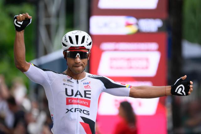 UAE Team Emirates-XRG's Ecuadorian rider Jhonatan Narvaez celebrates crossing the finish line to win in the third stage, 157,4 km from Bad Ragaz to Bad Ragaz, of the Men’s Tour of Switzerland (Tour de Suisse) cycling race in Bad Ragaz on June 19, 2026. (Photo by HAROLD CUNNINGHAM / AFP)