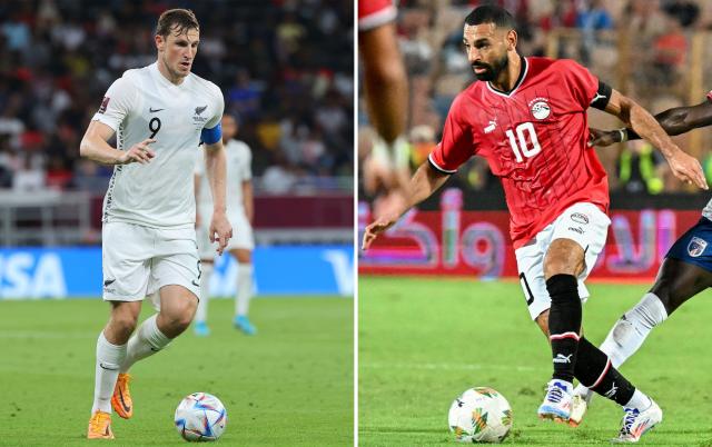 (COMBO) This combination of file photos created on June 19, 2026, shows New Zealand's forward Chris Wood in Ar-Rayyan on June 14, 2022 (L); and Egypt's forward #10 Mohamed Salah in Cairo on September 6, 2024. New Zealand and Egypt will meet in a 2026 World Cup Group G football match at the BC Place Vancouver Stadium in Vancouver on June 21, 2026. (Photo by Karim JAAFAR and Khaled DESOUKI / AFP)