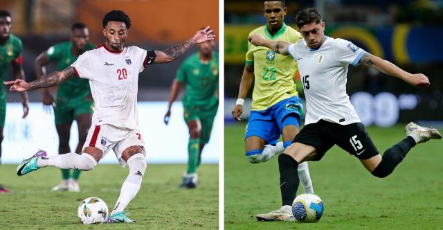 (COMBO) This combination of file photos created on June 19, 2026 shows Cape Verde's forward #20 Ryan Mendes in Abidjan on January 29, 2024 (L); and Uruguay's midfielder #15 Federico Valverde in Salvador on November 19, 2024. Uruguay and Cape Verde will meet in 2026 World Cup Group H football match at the Miami Stadium in Miami Gardens on June 21, 2026. (Photo by Franck FIFE and Arisson MARINHO / AFP)