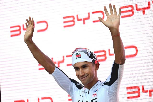 UAE Team Emirates-XRG's Ecuadorian rider Jhonatan Narvaez celebrates on the podium after winning the third stage, 157,4 km from Bad Ragaz to Bad Ragaz, of the Men’s Tour of Switzerland (Tour de Suisse) cycling race in Bad Ragaz on June 19, 2026. (Photo by HAROLD CUNNINGHAM / AFP)