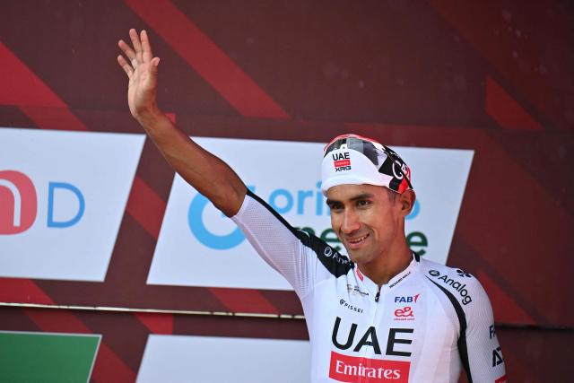 UAE Team Emirates-XRG's Ecuadorian rider Jhonatan Narvaez celebrates on the podium after winning the third stage, 157,4 km from Bad Ragaz to Bad Ragaz, of the Men’s Tour of Switzerland (Tour de Suisse) cycling race in Bad Ragaz on June 19, 2026. (Photo by HAROLD CUNNINGHAM / AFP)