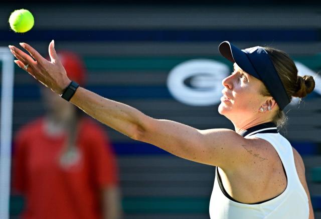 Ukraine's Elina Svitolina serves the ball to the Philippines' Alexandra Eala during the women's singles quarter-final match at the WTA500 Berlin Tennis Open tournament in Berlin on June 19, 2026. (Photo by Tobias SCHWARZ / AFP)