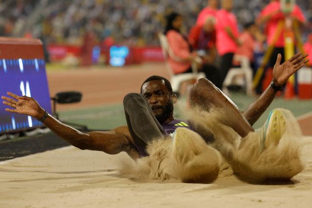 Jamaica's Jordan Scott competes in the men's triple jump final during the IAAF Diamond League competition at Suheim Bin Hamad Stadium in Doha on June 19, 2026. (Photo by KARIM JAAFAR / AFP)