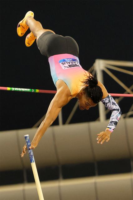 Greece's Emmanouil Karalis competes in the men's pole vault final during the IAAF Diamond League competition at Suheim Bin Hamad Stadium in Doha on June 19, 2026. (Photo by KARIM JAAFAR / AFP)