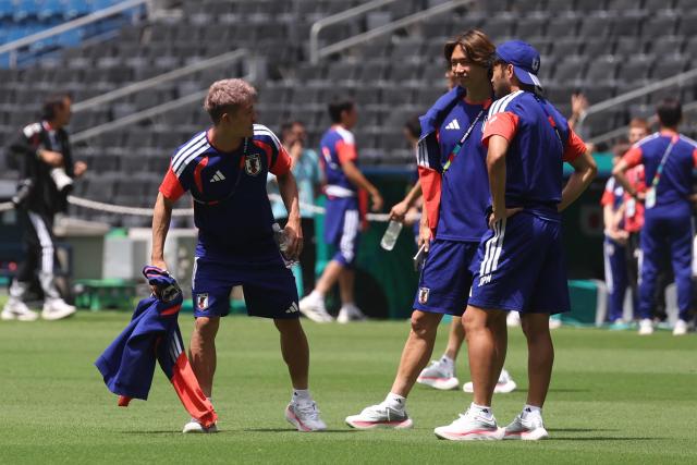 Japan's players take part in an MD-1 training session in Monterrey stadium in Monterrey, on June 19, 2026, on the eve of the 2026 World Cup Group F football match between Tunisia and Japan.  (Photo by Julio Cesar AGUILAR / AFP)