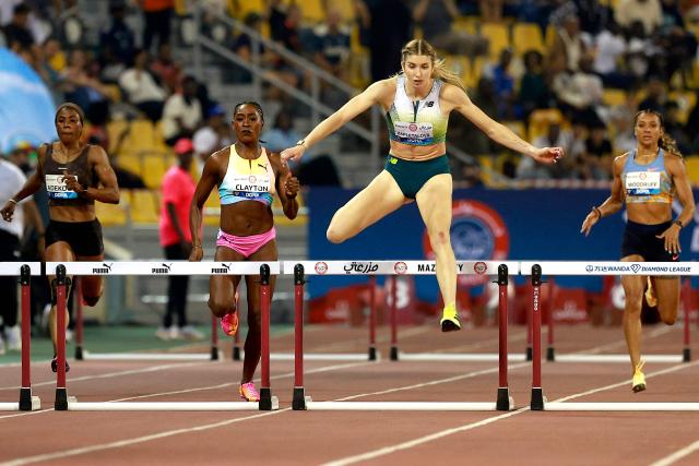 Slovakia's Emma Zapletalova's competes in the women's 400m hurdles final during the IAAF Diamond League competition at Suheim Bin Hamad Stadium in Doha on June 19, 2026. (Photo by KARIM JAAFAR / AFP)