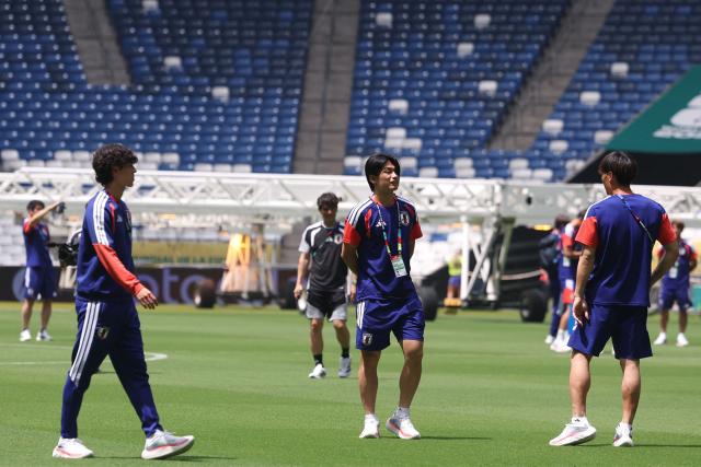 Japan's players take part in an MD-1 training session in Monterrey stadium in Monterrey, on June 19, 2026, on the eve of the 2026 World Cup Group F football match between Tunisia and Japan.  (Photo by Julio Cesar AGUILAR / AFP)