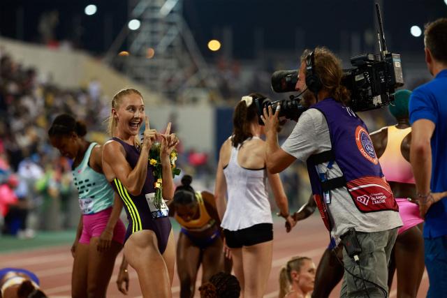 USA's Addison Wiley celebrates winning the women's 800m final during the IAAF Diamond League competition at Suheim Bin Hamad Stadium in Doha on June 19, 2026. (Photo by KARIM JAAFAR / AFP)