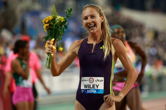 USA's Addison Wiley celebrates winning the women's 800m final during the IAAF Diamond League competition at Suheim Bin Hamad Stadium in Doha on June 19, 2026. (Photo by KARIM JAAFAR / AFP)