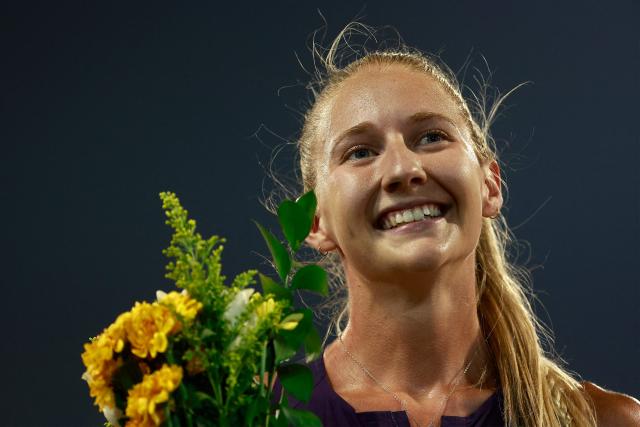 USA's Addison Wiley celebrates winning the women's 800m final during the IAAF Diamond League competition at Suheim Bin Hamad Stadium in Doha on June 19, 2026. (Photo by KARIM JAAFAR / AFP)