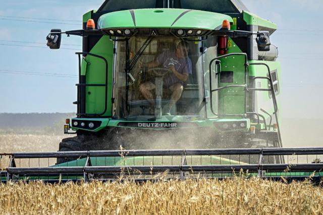 A famer in a combine harvester cuts wheat in a field near Manastirea village, southern Romania, on June 19, 2026. Romanian farmers have been forced to start the annual grain harvest weeks earlier than usual due to an intense early-summer heatwave and prolonged drought conditions driven by climate change, threatening crop yields across the region. (Photo by Daniel MIHAILESCU / AFP)
